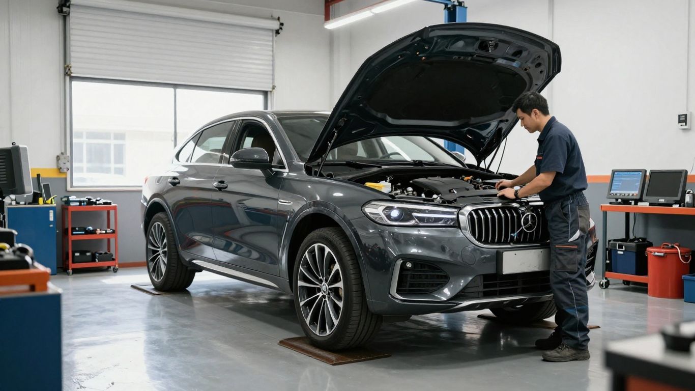 Mechanic inspecting a premium car in workshop