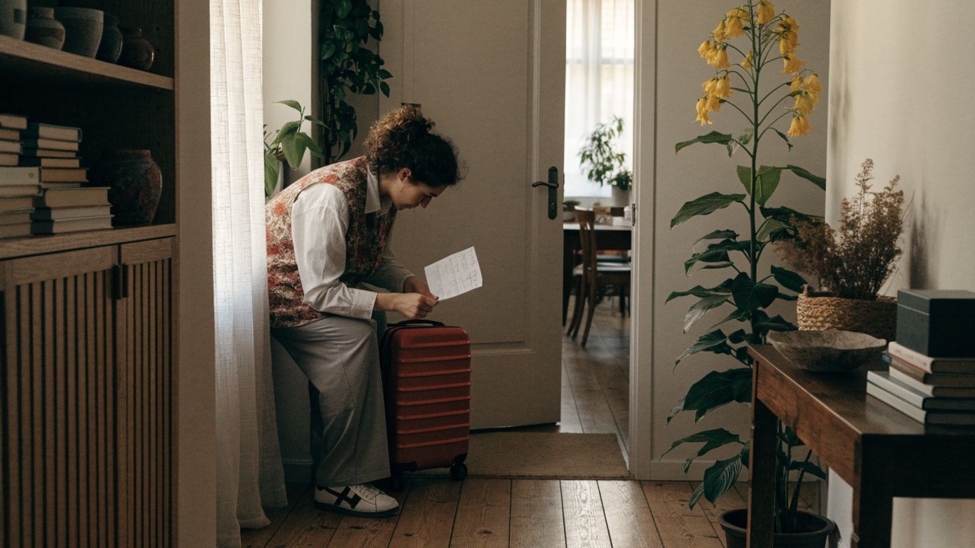 A traveler preparing a calm home before leaving