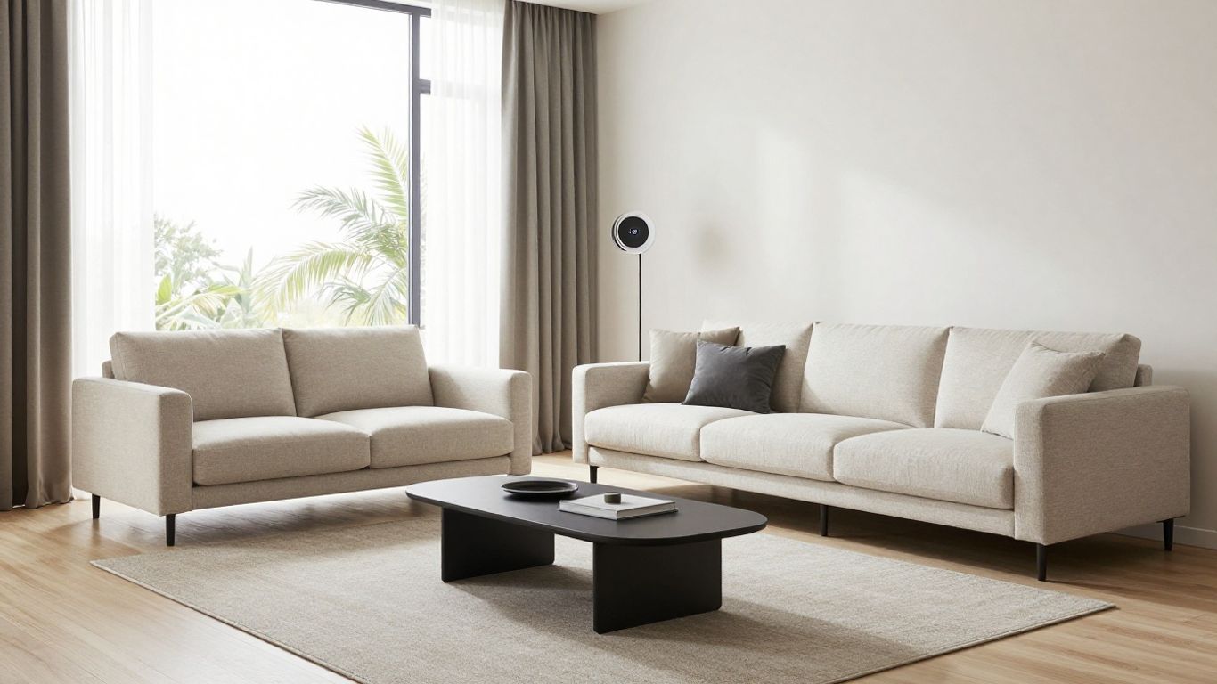 Small modern living room with stylish furniture and natural light.