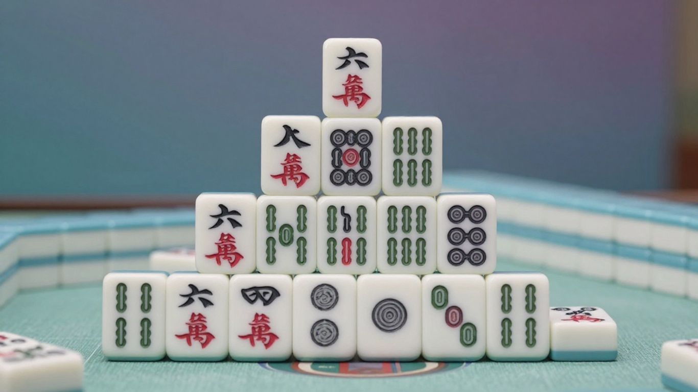 Tabuleiro de Mahjong Solitaire com peças coloridas e símbolos asiáticos.