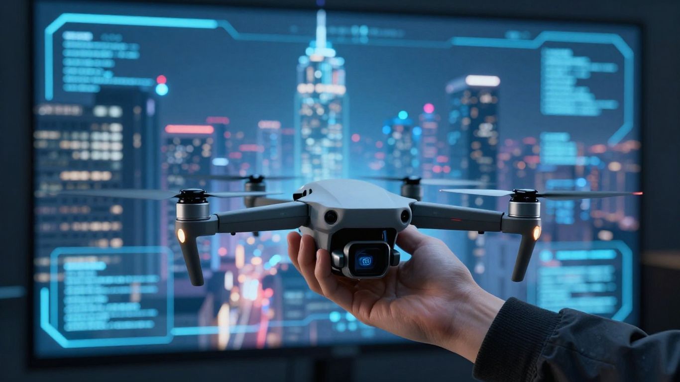 Journaliste futuriste avec drone et écran holographique.
