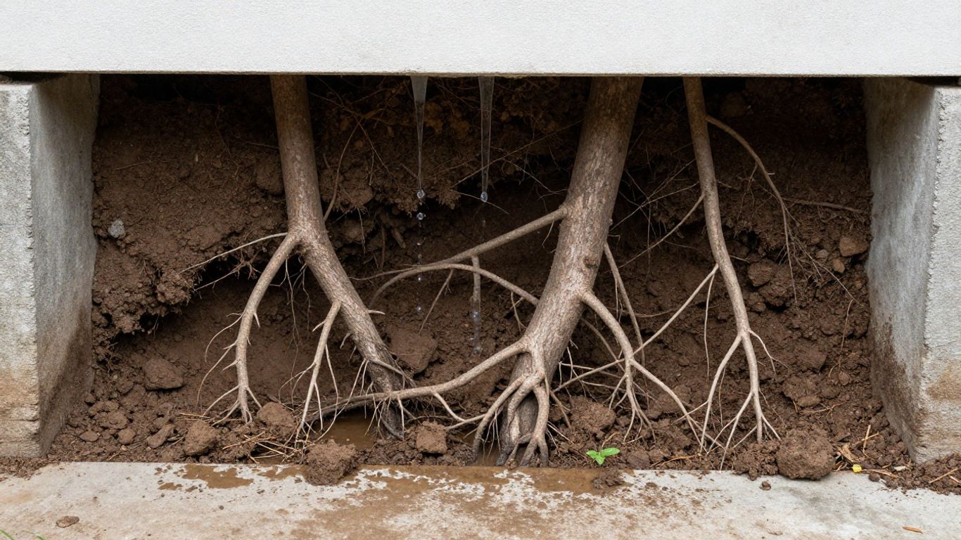 House foundation with surrounding underground water and roots.