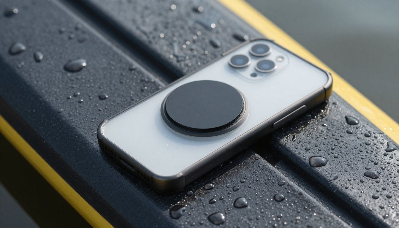 A close-up of an iPhone 15 Pro in a waterproof case, resting on a kayak paddle with water droplets on it