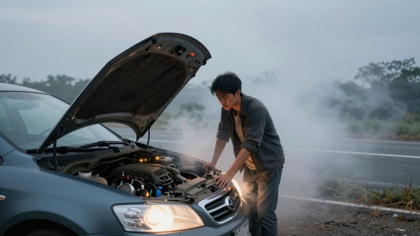 Car broken down on the side of the road.