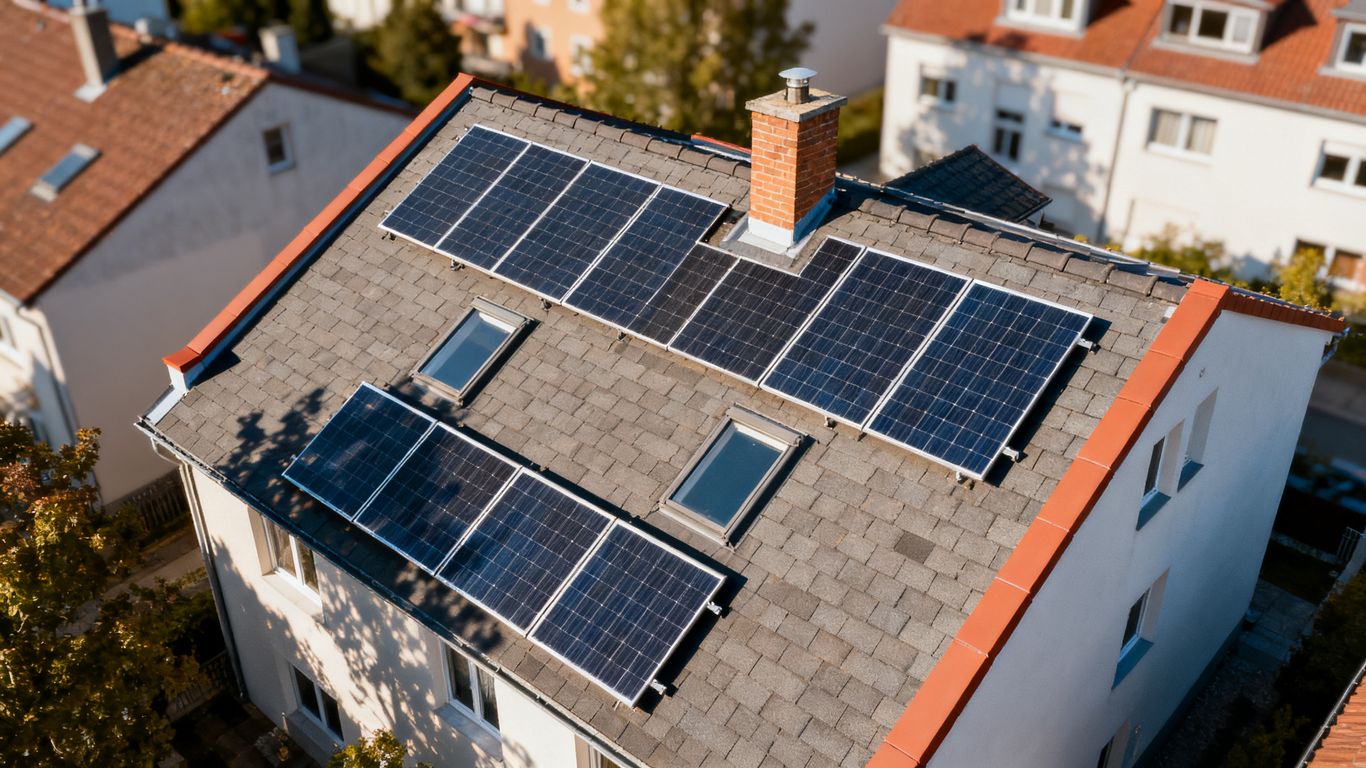 Vue aérienne d’une toiture solaire avec obstacles