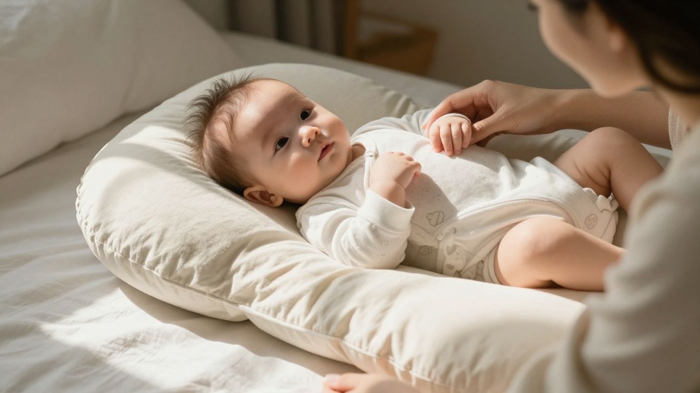 Madre amamantando a su bebé en un cojín cómodo.