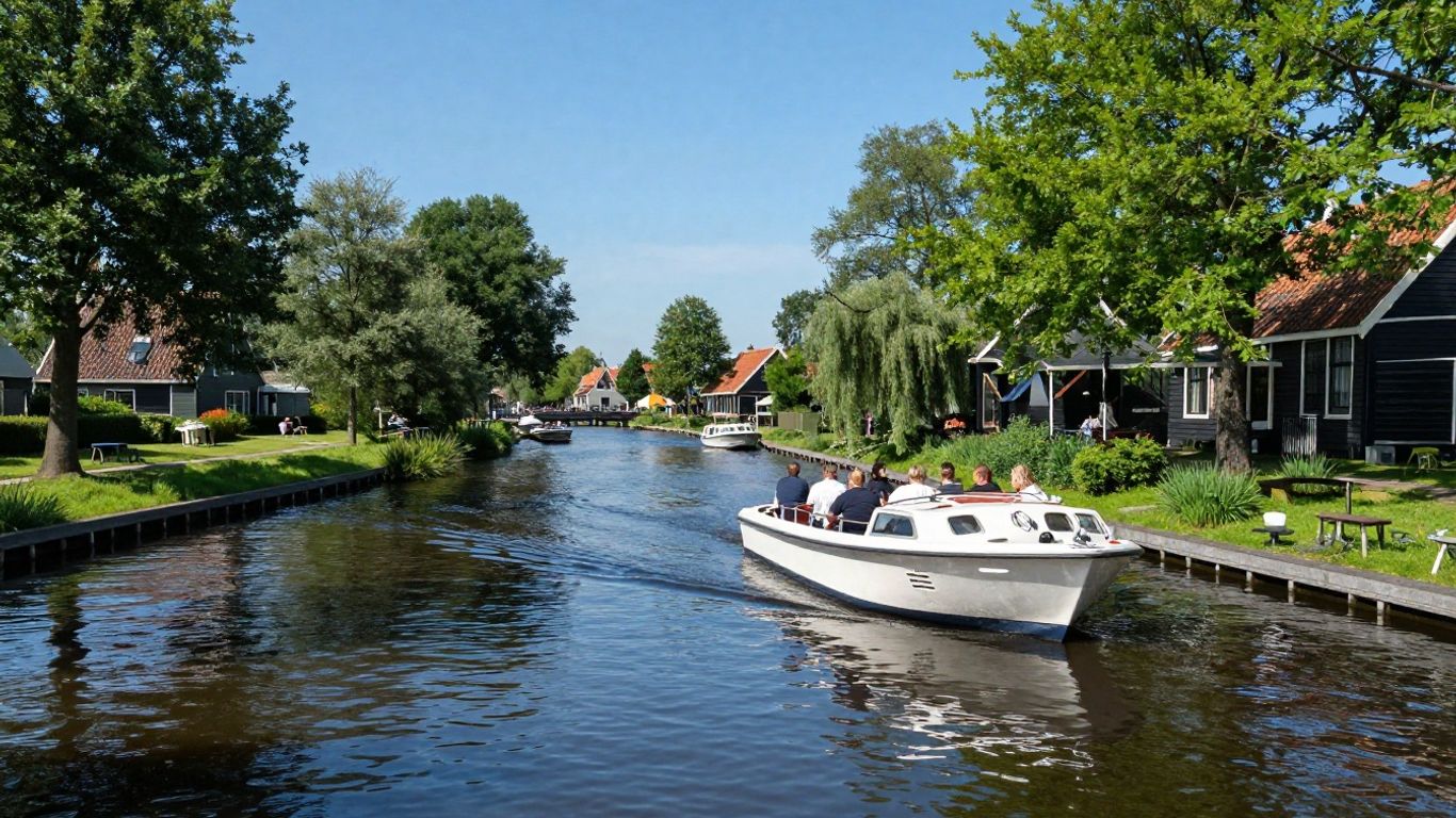 Boot op een Friese gracht met zes personen.