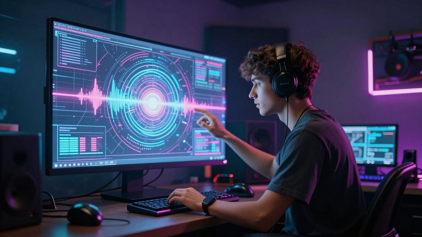 Futuristic studio with AI hologram and digital music visuals