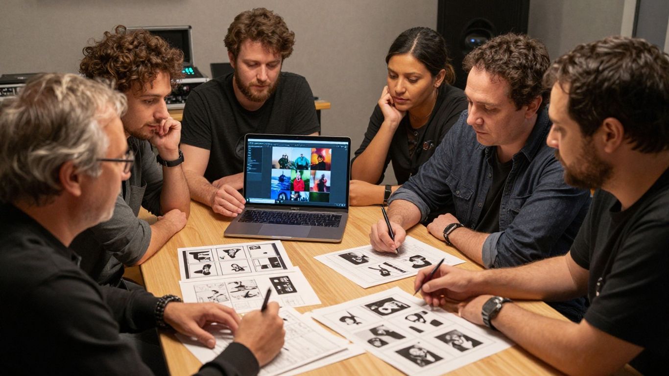 Creative team reviewing music video frames
