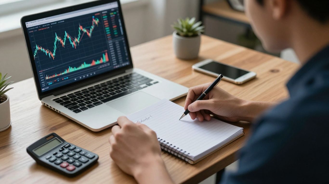 Trader reviewing futures evaluation costs at a desk