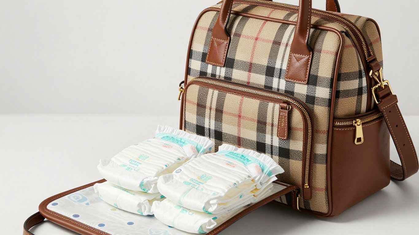 Burberry diaper bag with baby essentials.
