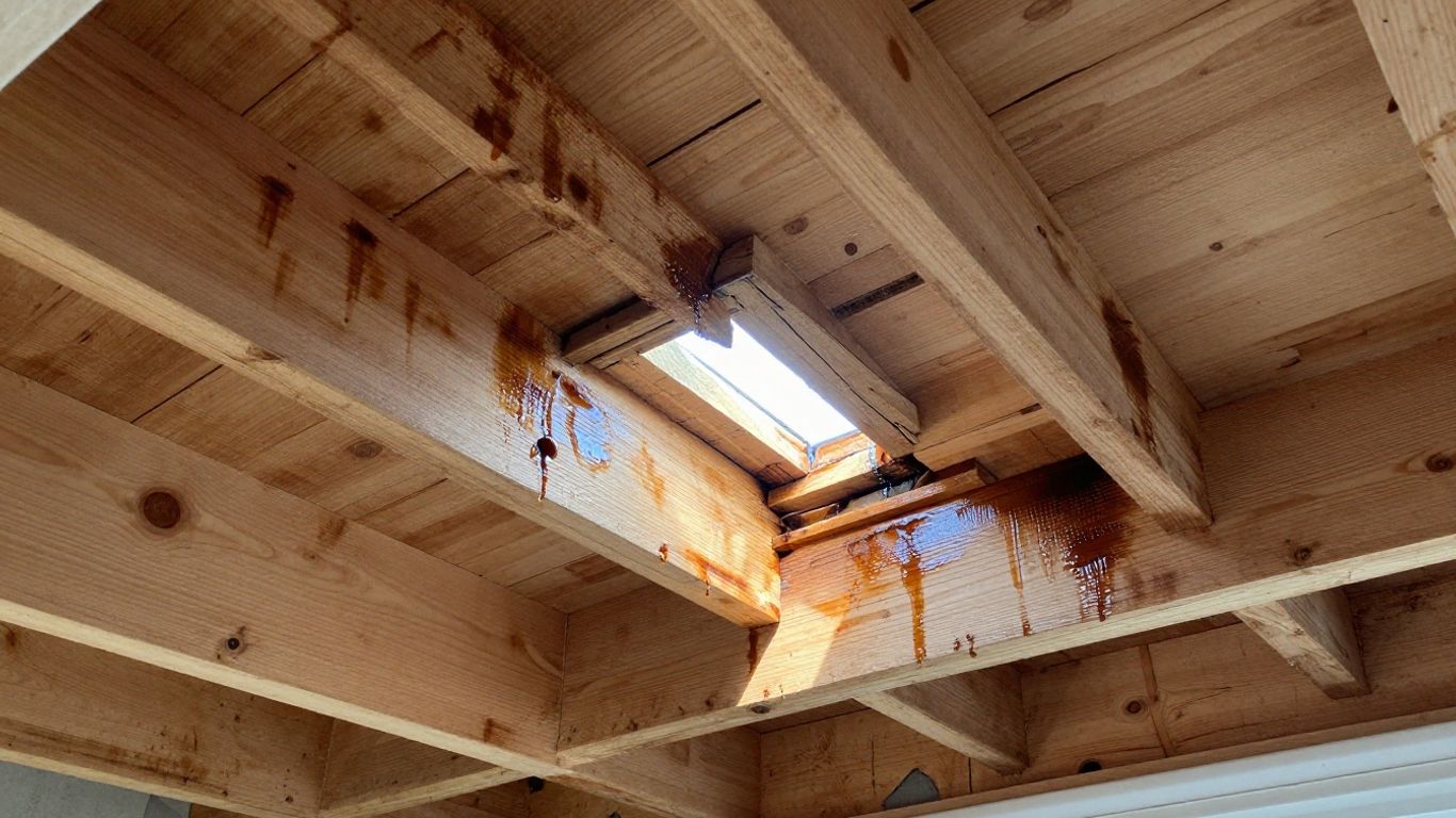 Attic ceiling with water stains from roof hail damage.
