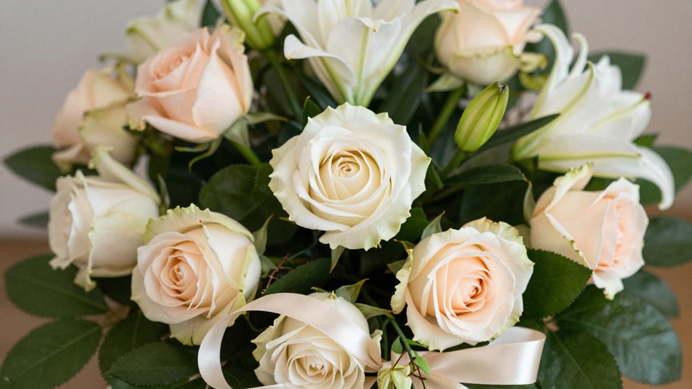 Sympathy flower arrangement with lilies and roses.