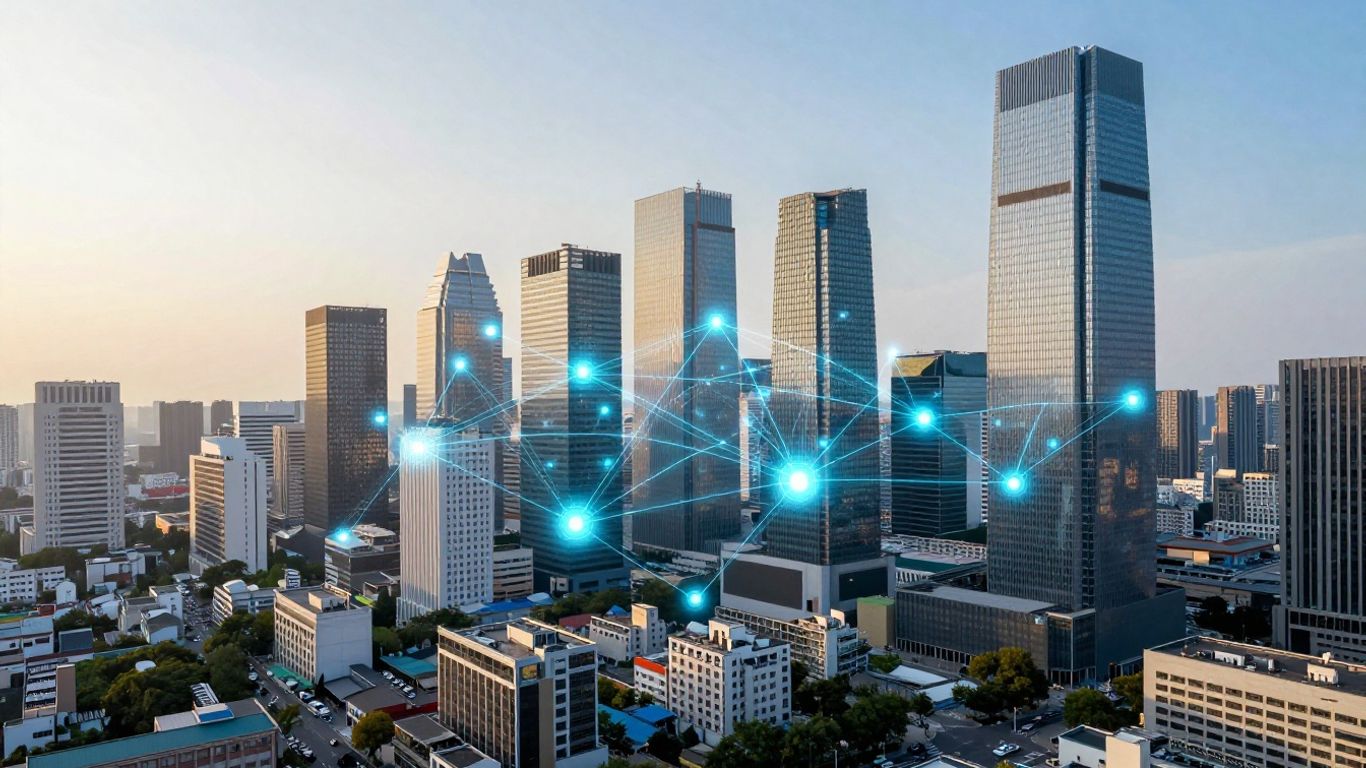 Ville avec connexions numériques lumineuses et soleil