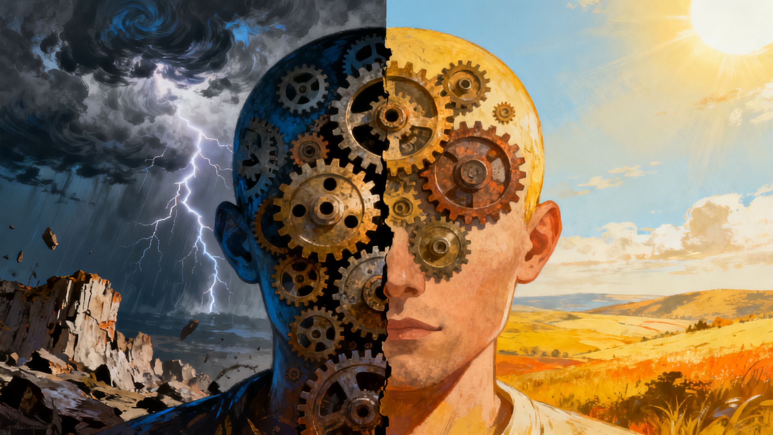 A stylized image of a human head with gears turning, one side dark and stormy, the other bright and sunny, representing the power of thought