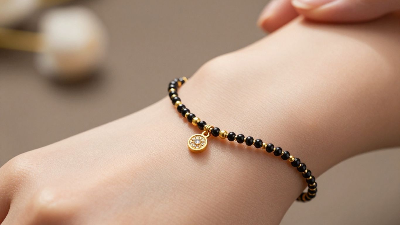 Delicate gold mangalsutra bracelet with black beads and diamond.