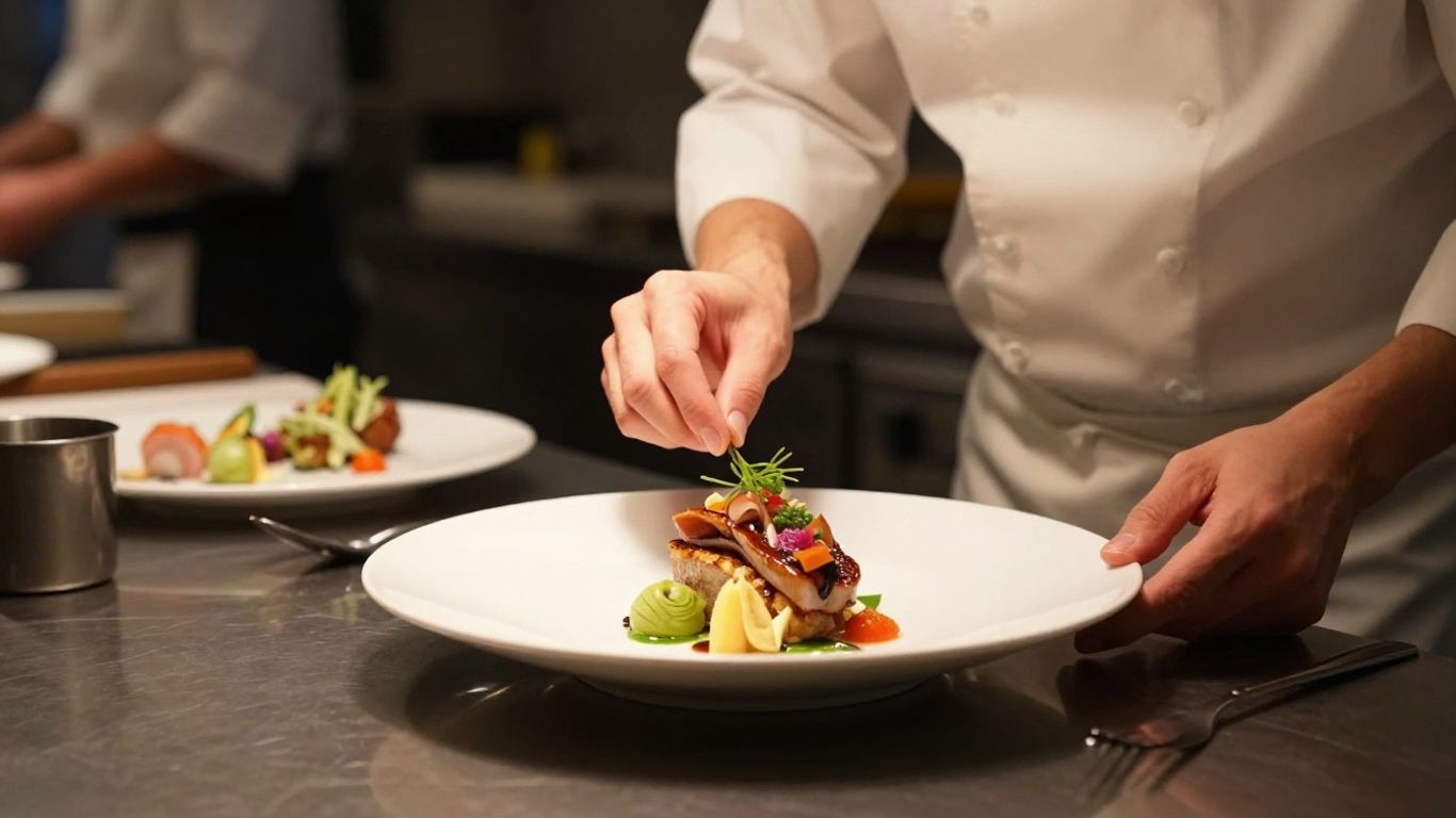 Plat gastronomique préparé par un chef dans une cuisine