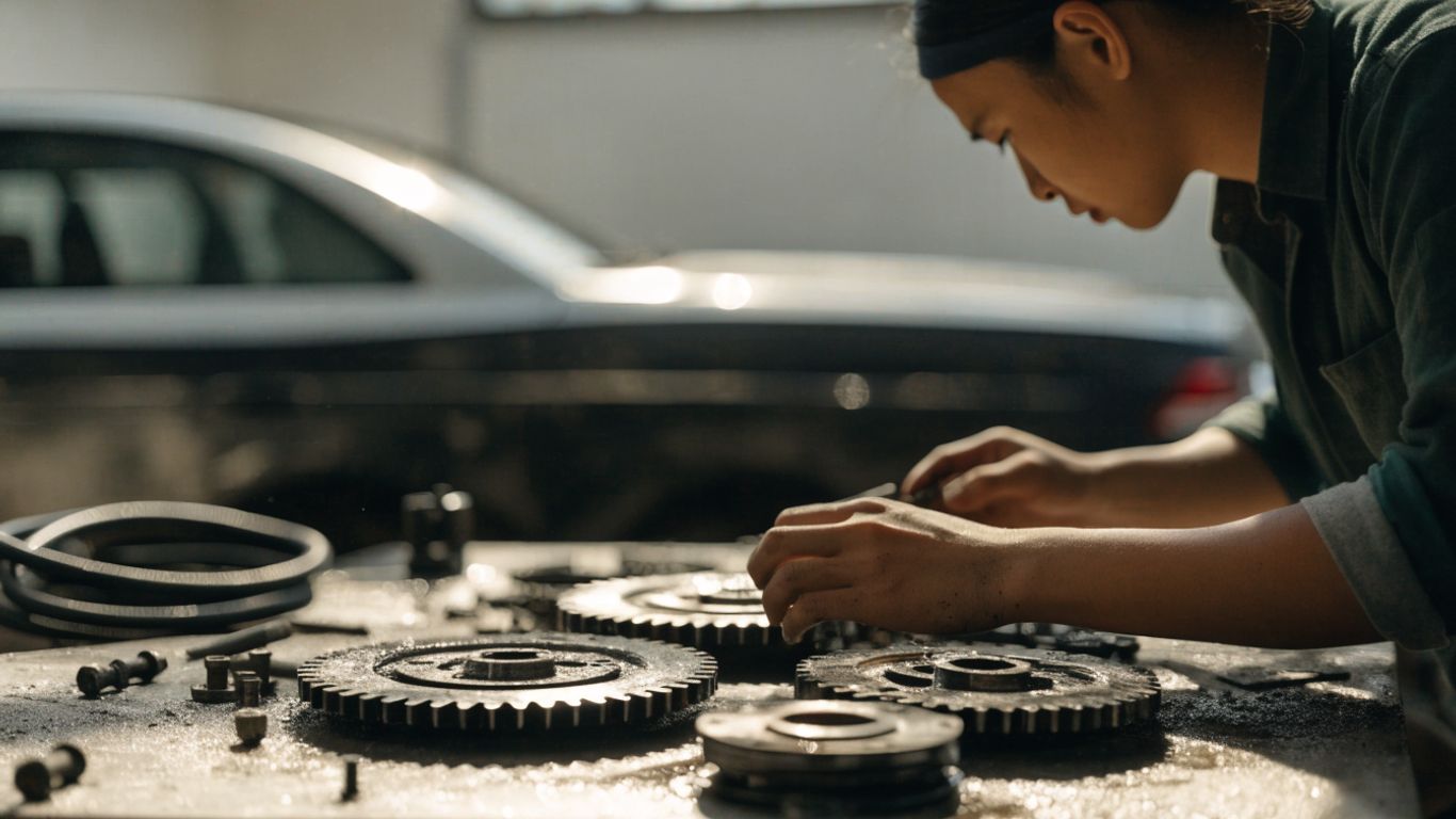 Technician checking transmission components in a workshop