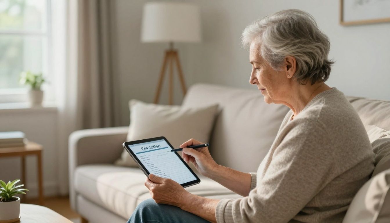 A compassionate LPN sits with an older adult in a comfortable living room, reviewing a care plan on a tablet, with soft morning light coming through the window.