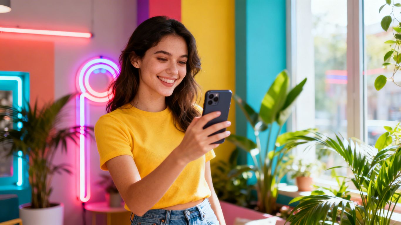 Trendy woman on phone in colorful modern setting