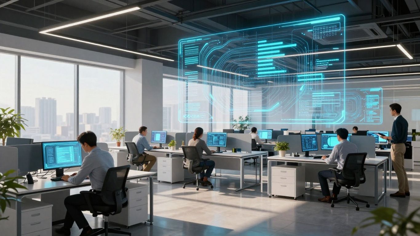 Futuristic business technology in a modern office setting.