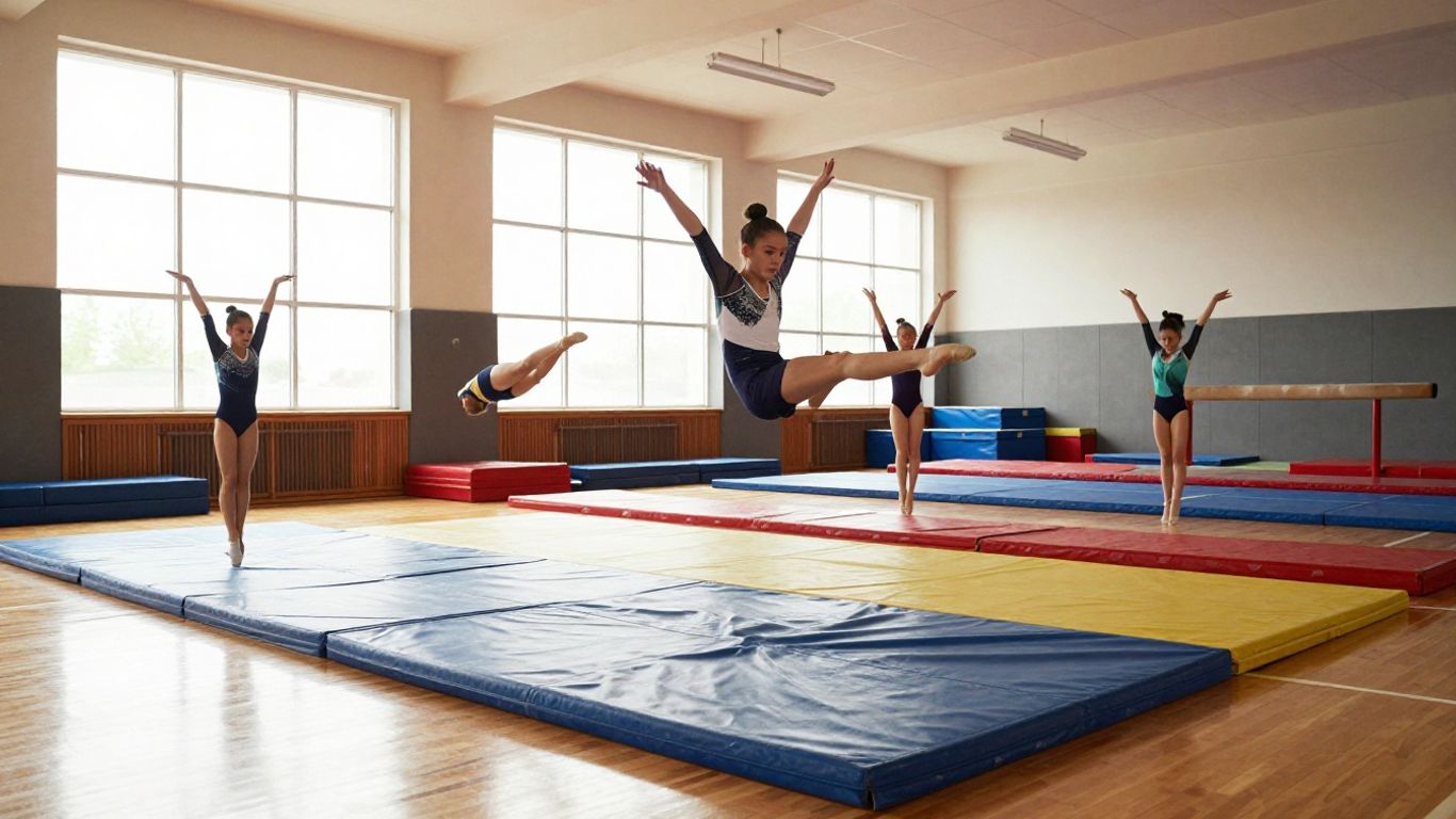 Gymnasts performing flips in a bright, modern gym.
