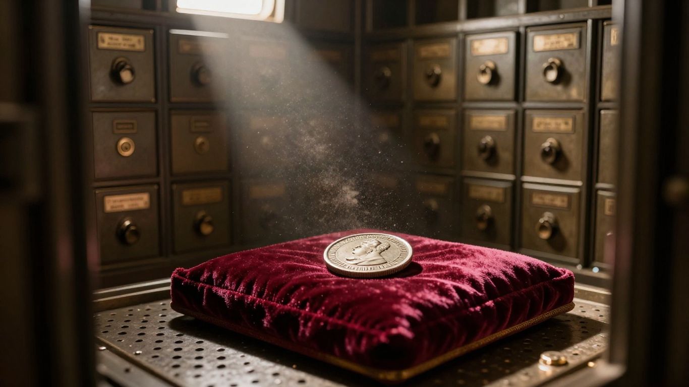 Secure vault with safety deposit boxes and a single coin.