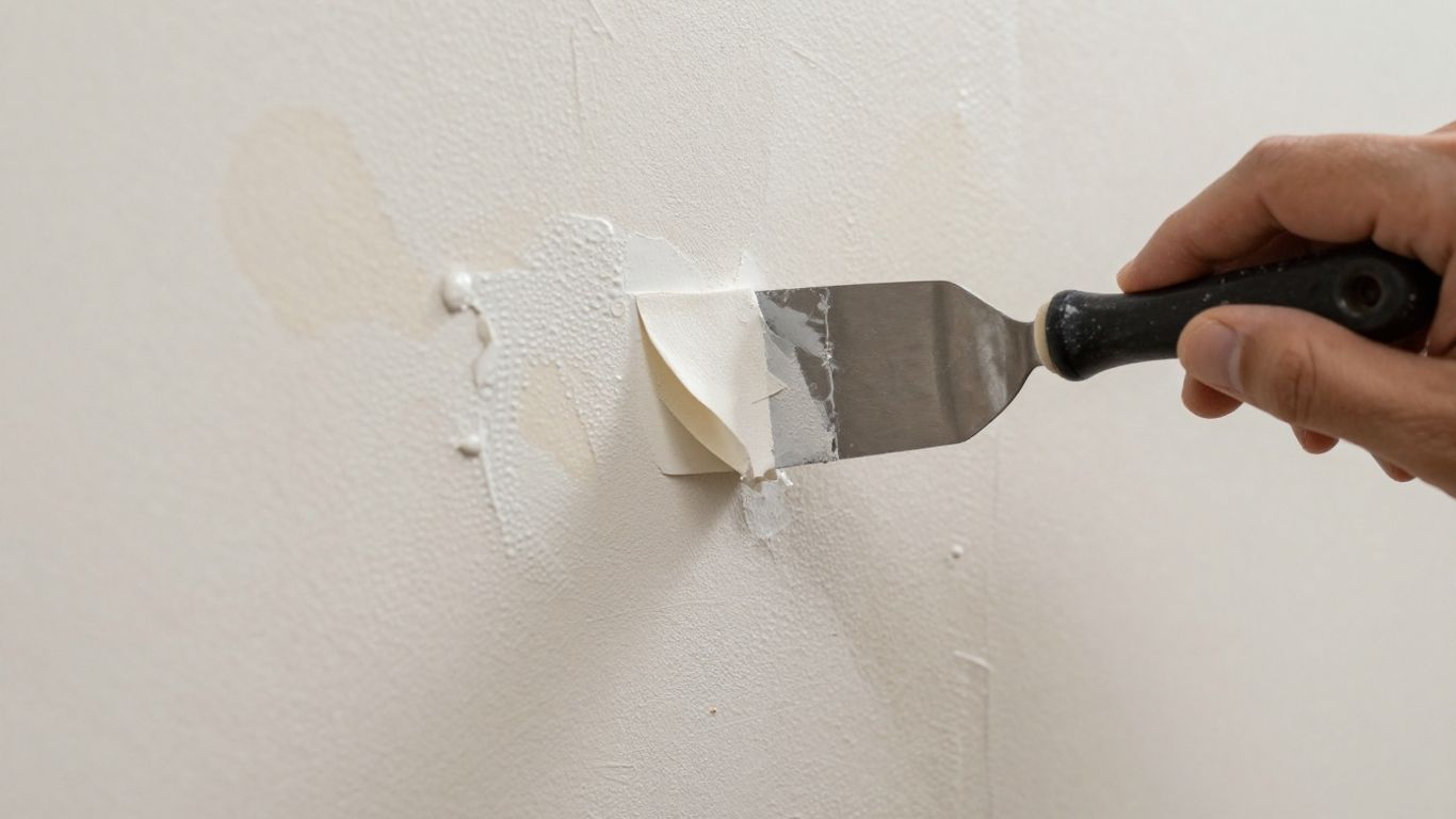 Repairing water-damaged drywall with tools and patching materials.