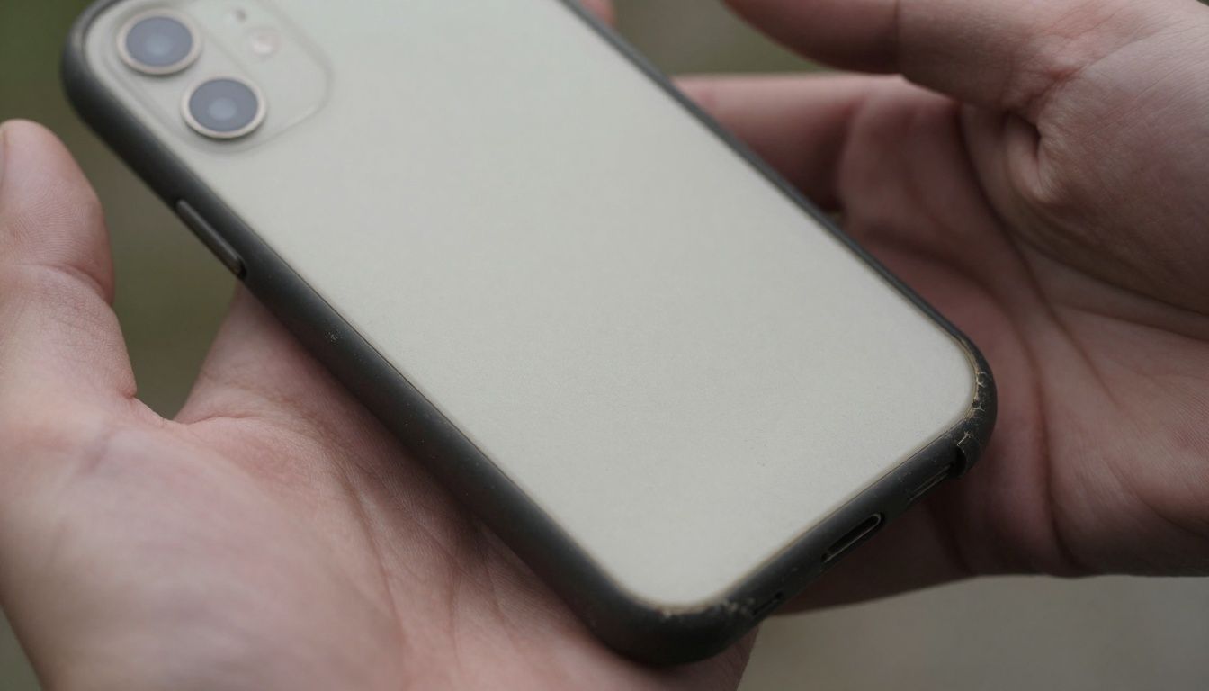 A close-up of a worn-out phone case with a cracked corner and scuff marks, held in a person's hand.