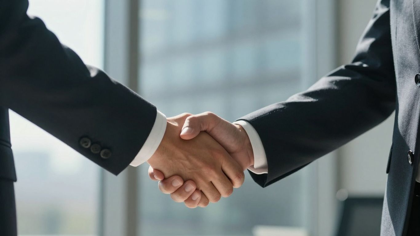 Handshake symbolizing real estate broker agreement and trust.