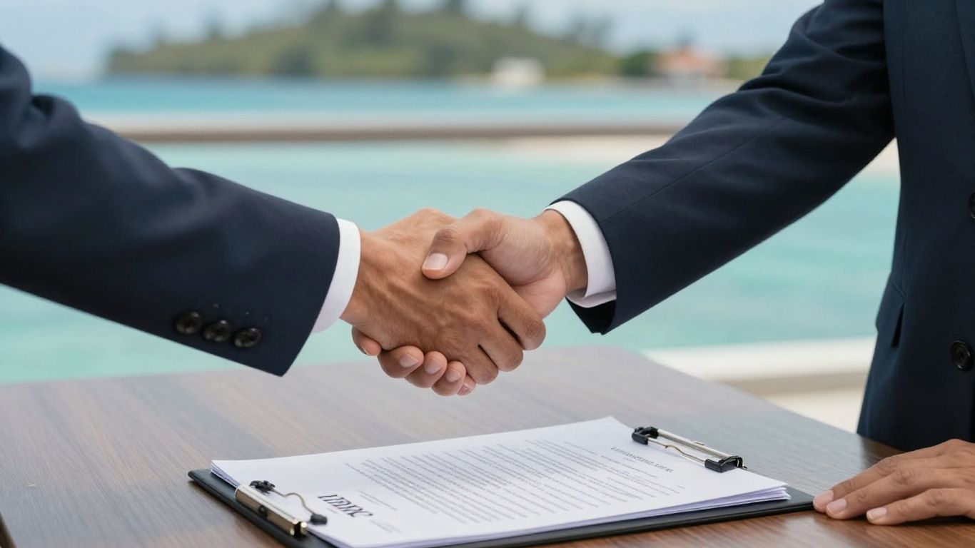 Handshake over property documents with Phuket beach background.