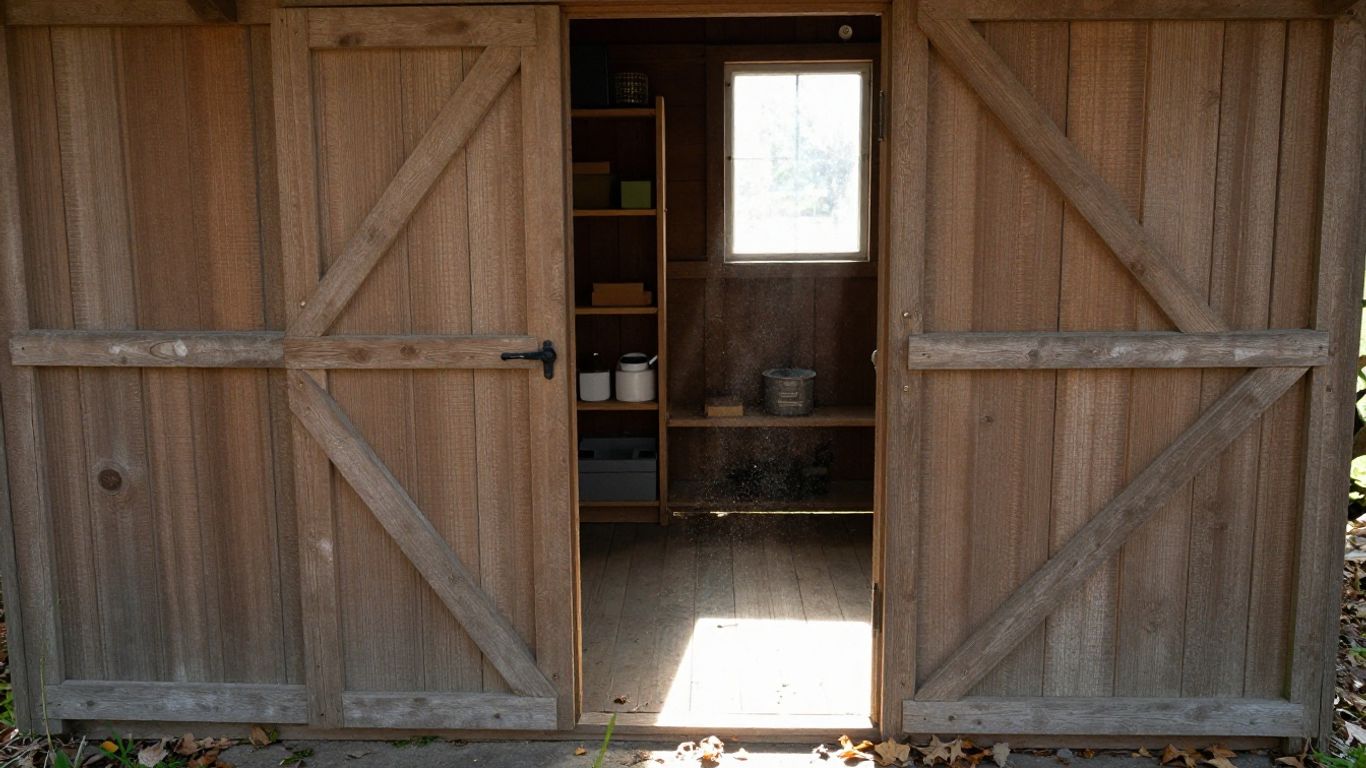 Shed interior with organized shelves and sunlight.