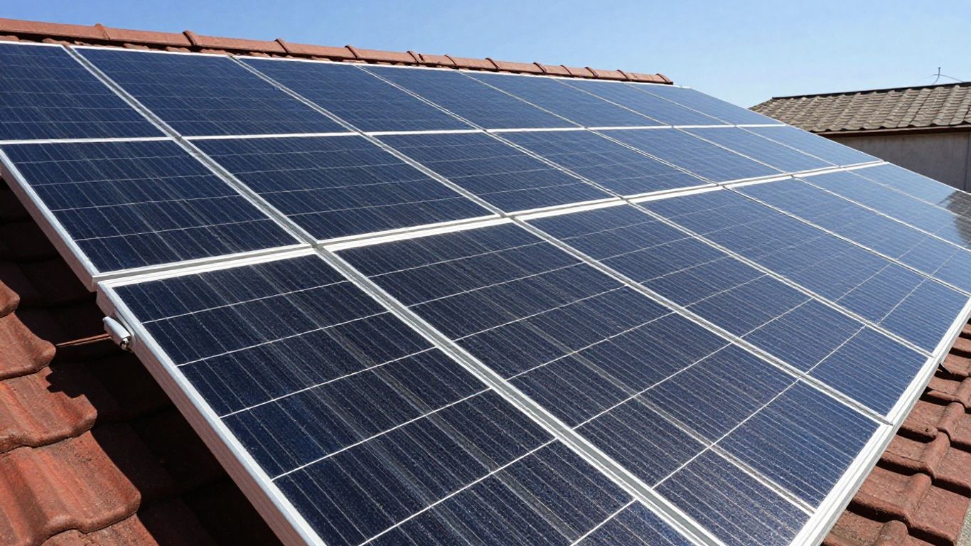 Panneaux solaires sur un toit sous le soleil.