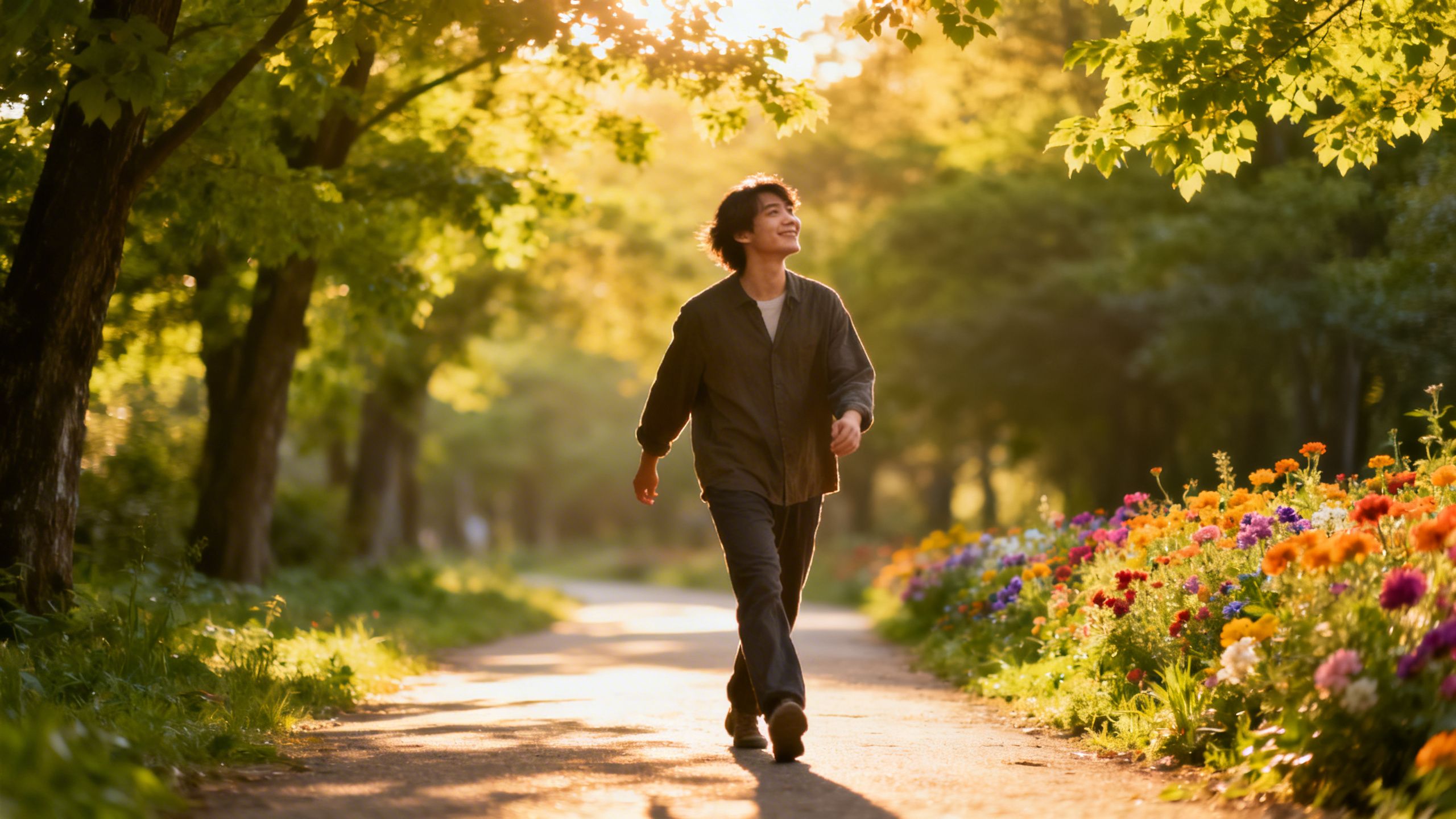 Person walking on a peaceful, sunlit nature path.