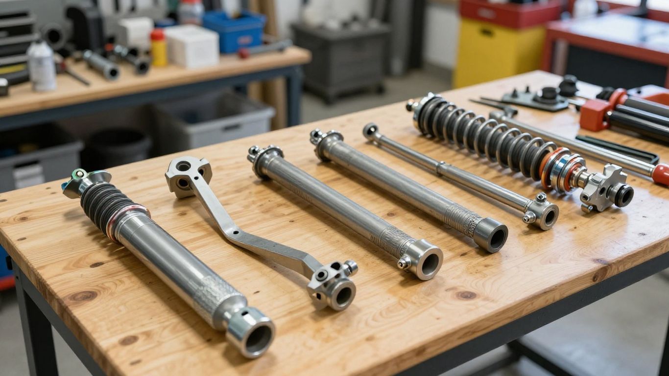 Automotive suspension parts displayed on a work table