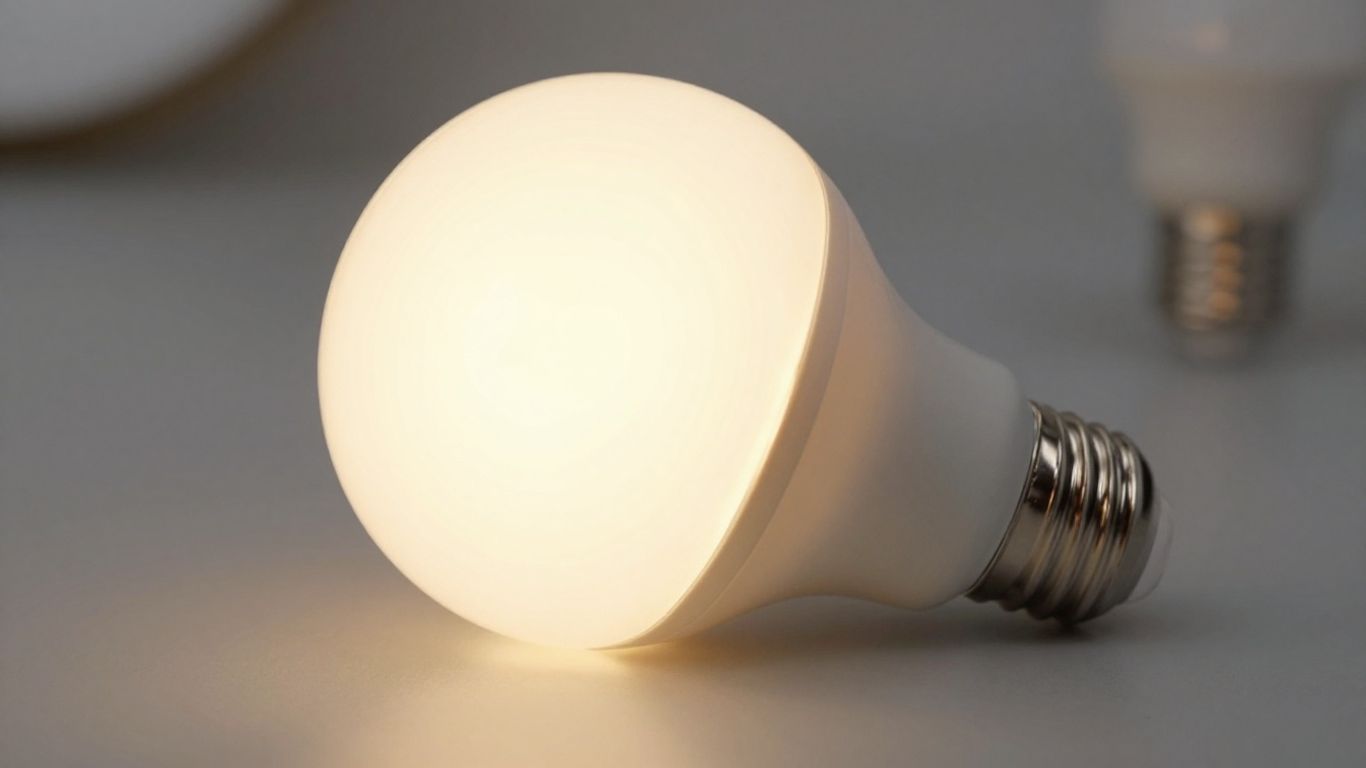 LED light bulb glowing brightly in a commercial setting.