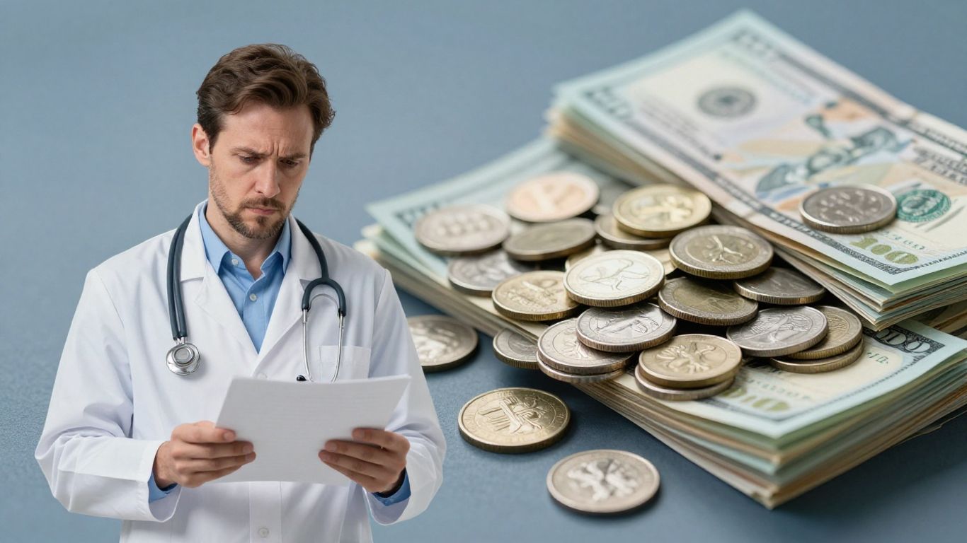 Healthcare professional and money pile, new regulations.