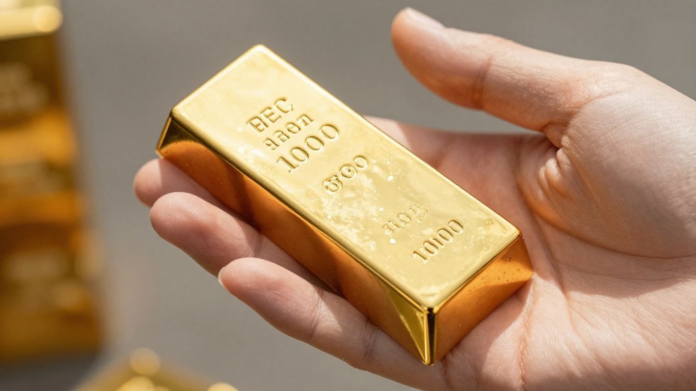 Main d'or tenant une barre d'or brillant.