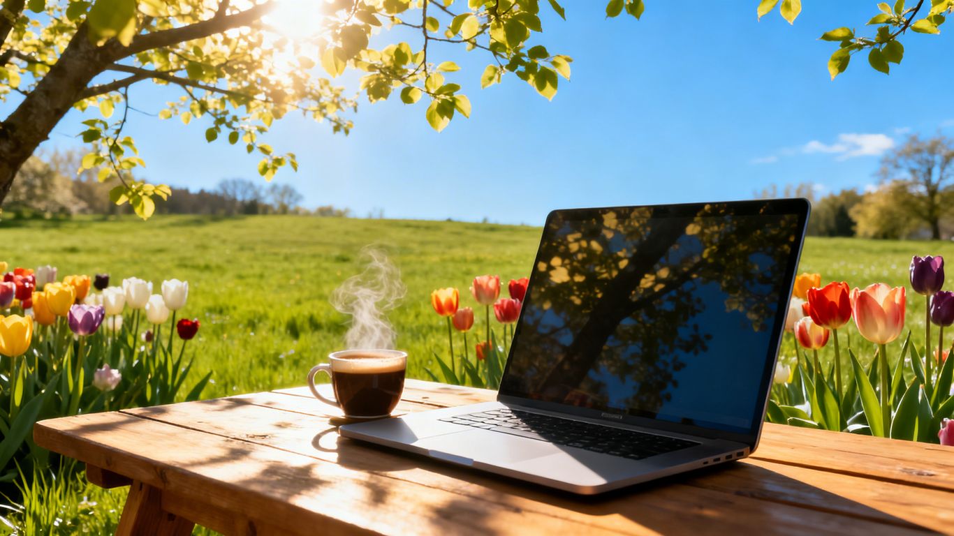 Laptop on table outdoors with spring tulips and sunlight