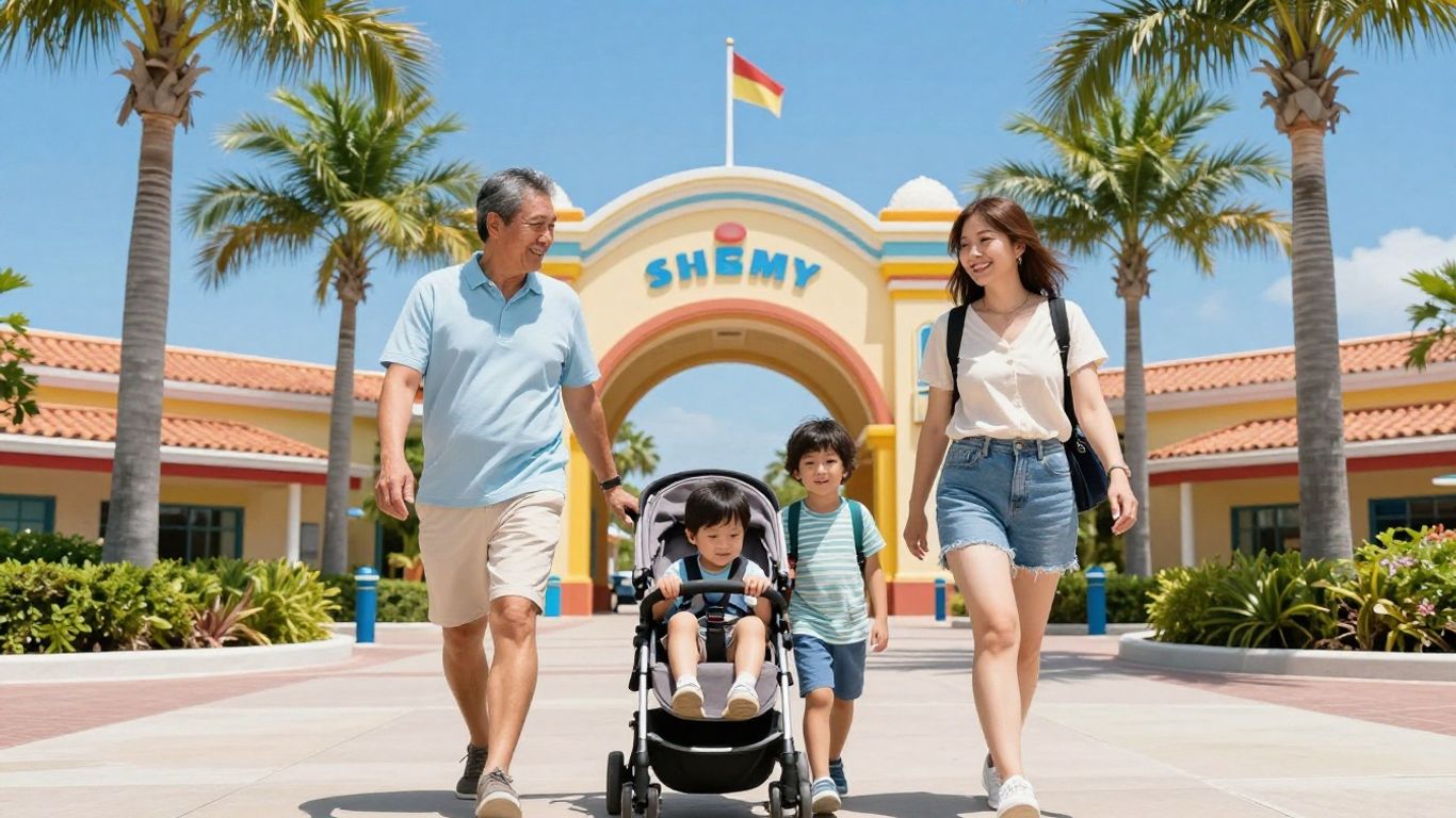 Family entering a colorful Florida theme park