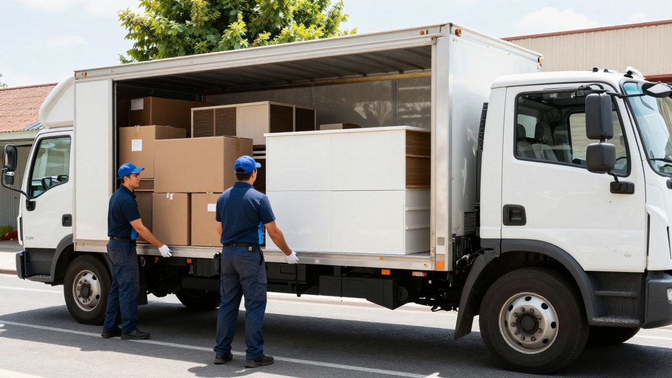 Business moving crew loading office furniture onto a truck.