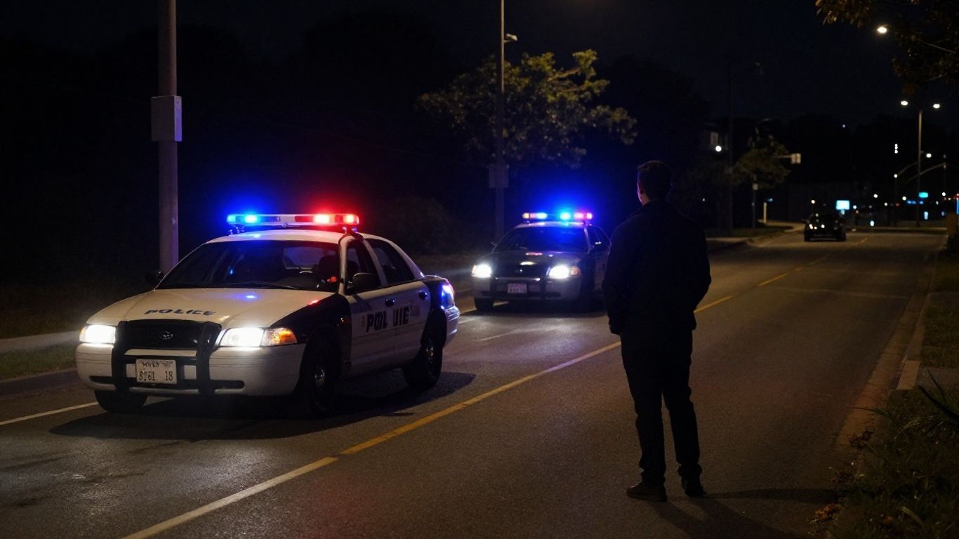 Police car lights on a dark road during a DUI stop.