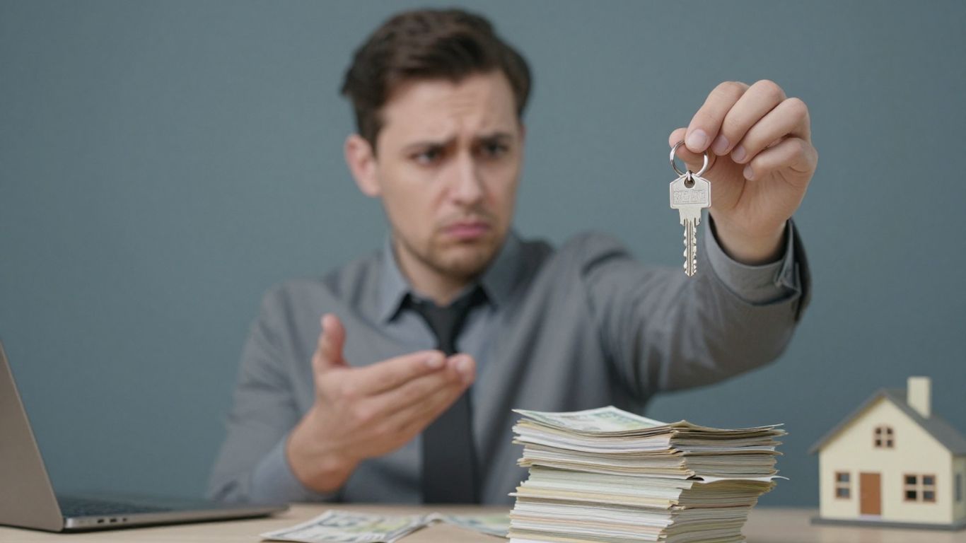 Propietario preocupado con llaves y facturas de alquiler.