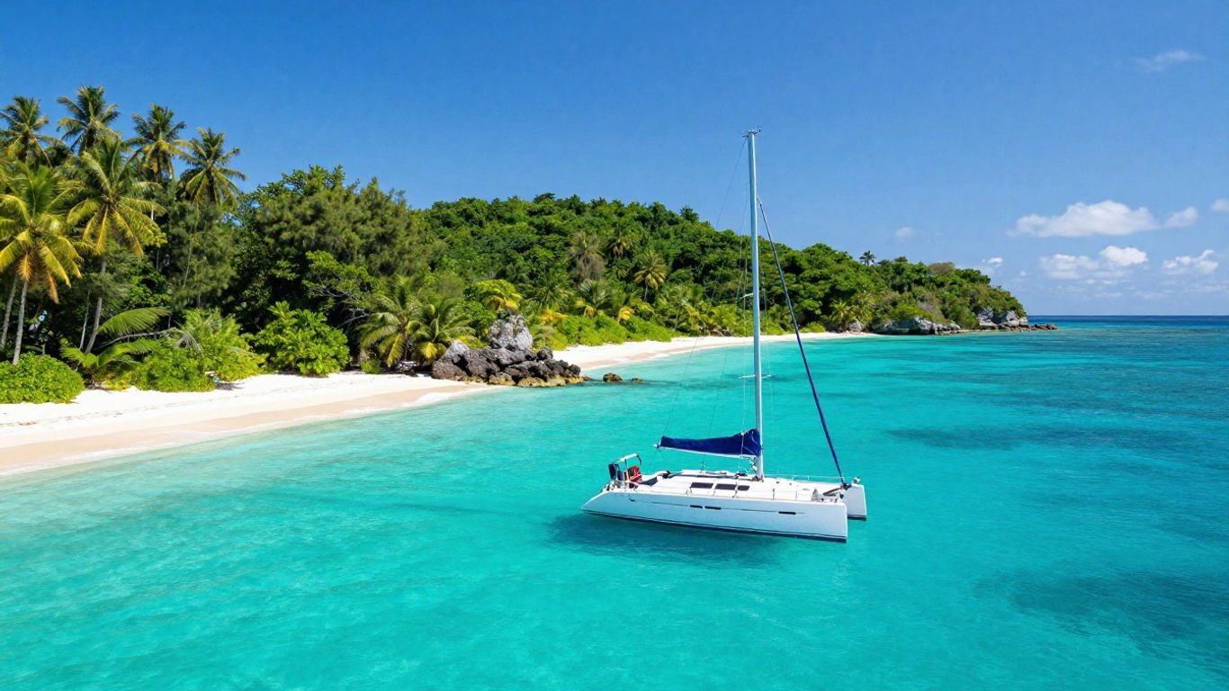 Sailboat on turquoise water near BVI islands.