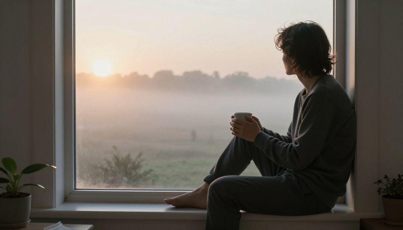 A person sits on a window sill looking out at a misty morning sunrise, holding a warm mug, looking thoughtful and at peace.