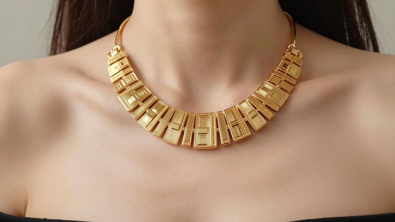 Woman wearing a large, eye-catching gold statement necklace.