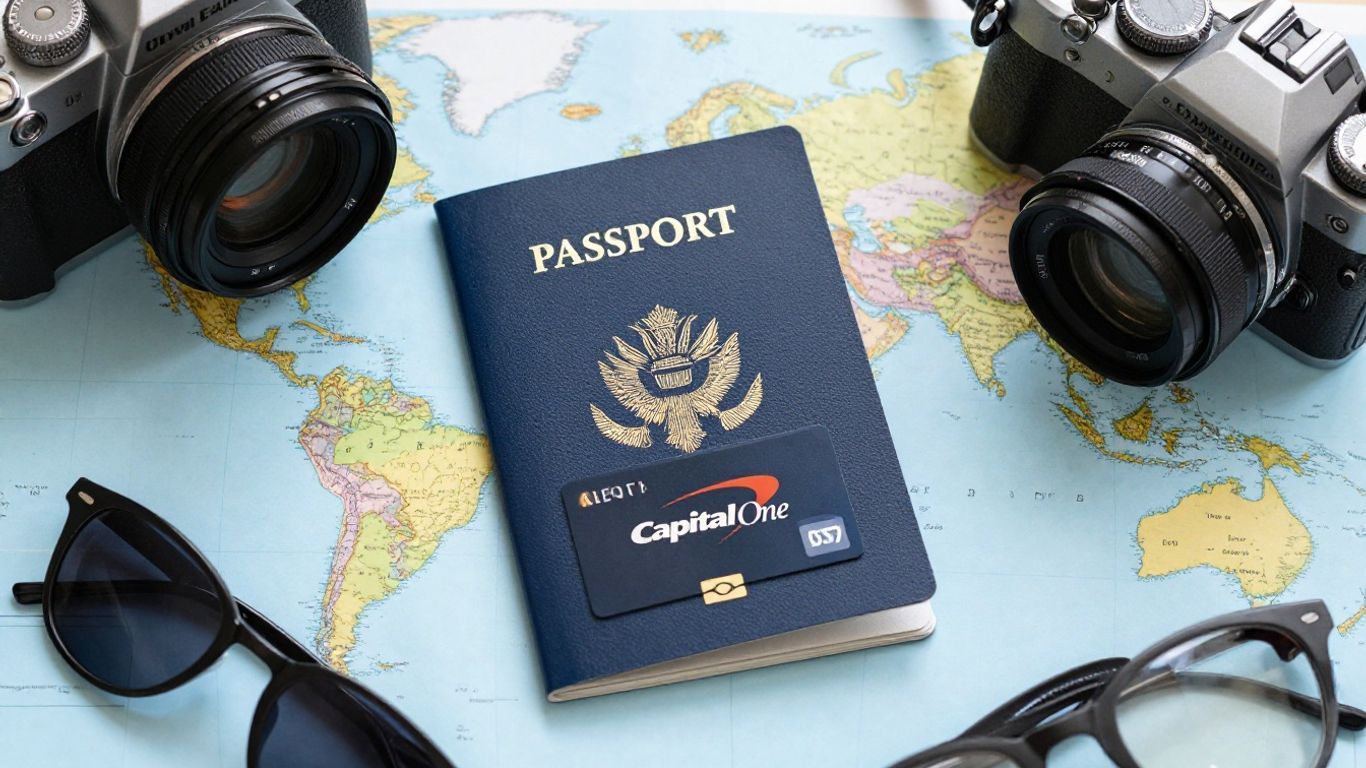 Capital One card with travel essentials on world map