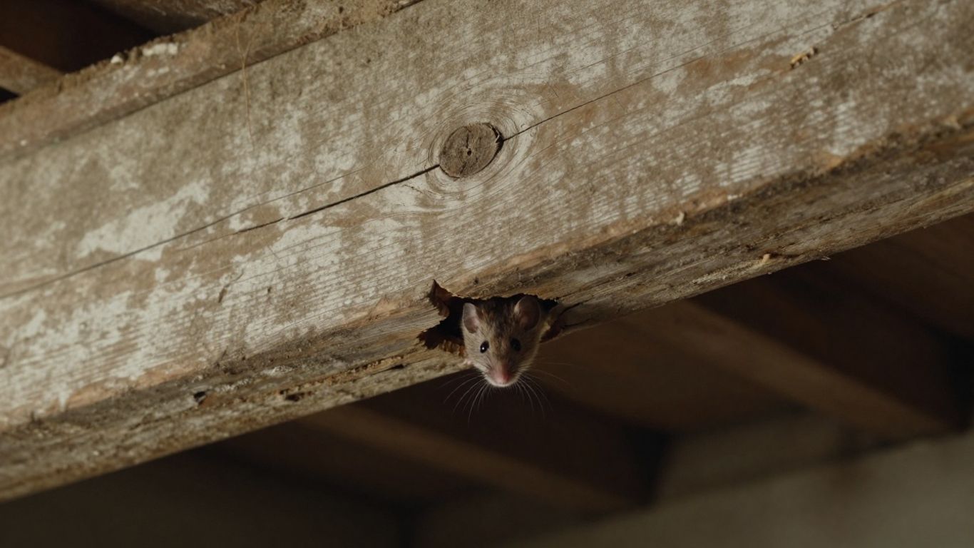 Mouse peeking from crack in old wooden beam