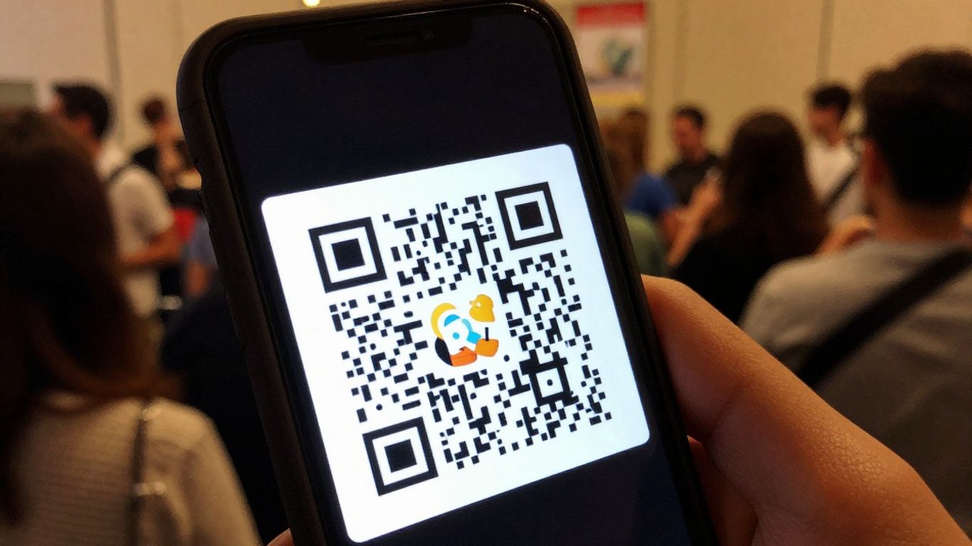 Smartphone displaying QR code for event check-in.