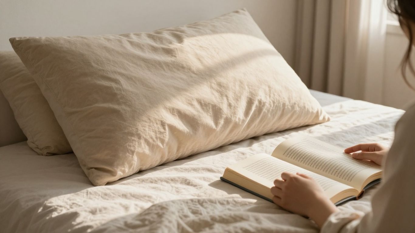 Person reading comfortably in bed with a reading pillow.